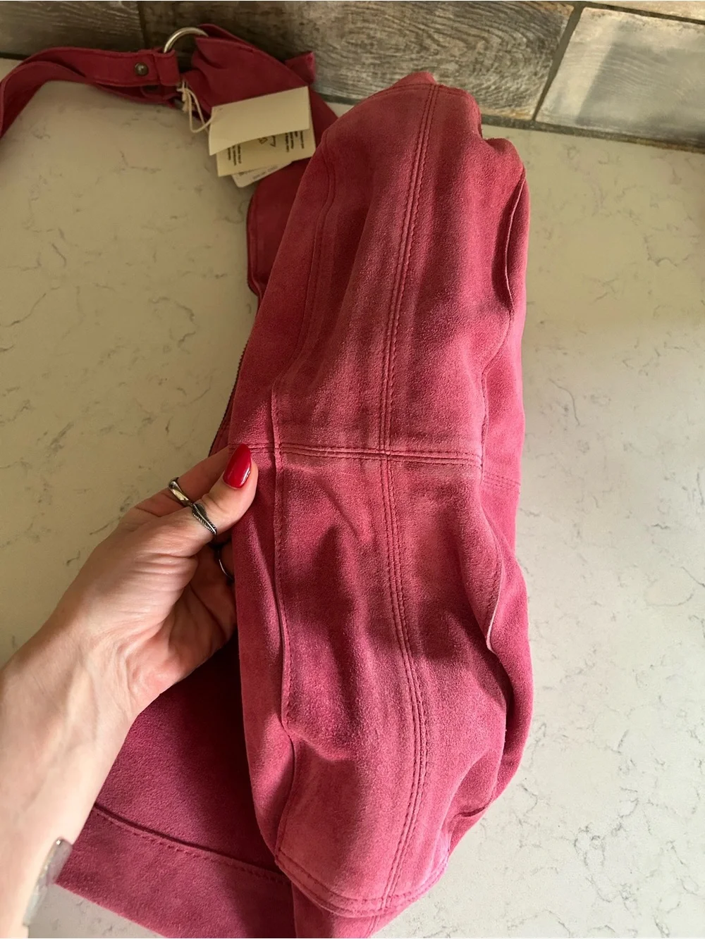 Free People Roma Suede Tote in Raspberry-Maxamillion, Strawberry Charms, & Scarf